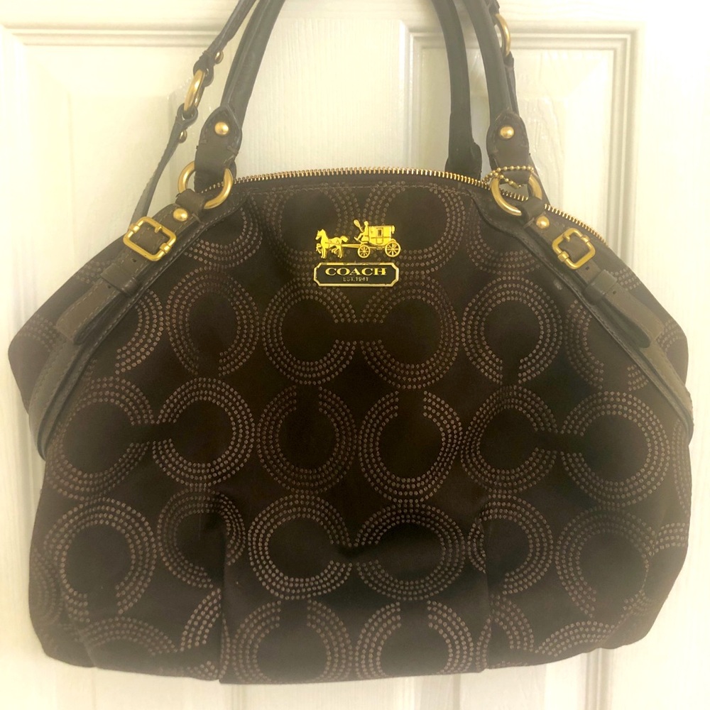 Coach chocolate bag with lavender silk lining.